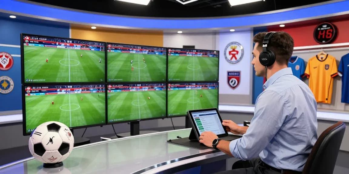 Engaging kora live sports studio with analyst reviewing match schedules and highlights in a dynamic environment.