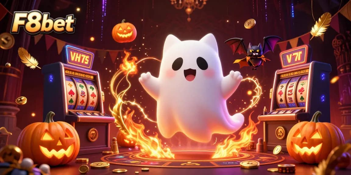 Play slots and win rewards with F8bet, featuring a haunted casino scene with a friendly ghost cat.
