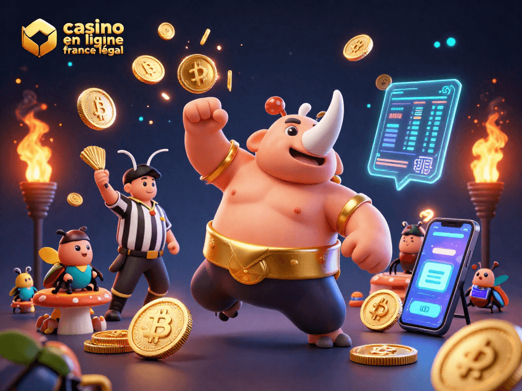 Un champion sumo rhinocéros et un arbitre cricket dans un casino en ligne légal en France, entourés de pièces crypto<br>