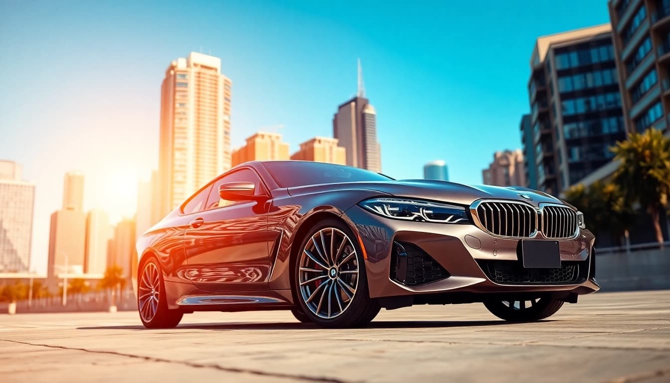 Luxury BMW car highlighted in a chic urban environment with a modern design.
