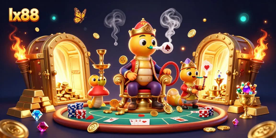 lx88 showcases a vibrant 3D casino scene with dynamic poker elements and treasure displays.