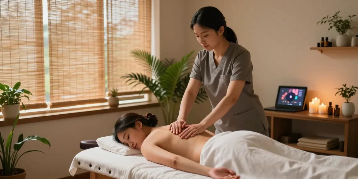 마사지 중인 클라이언트와 부드러운 조명으로 꾸며진 스파 방의 모습