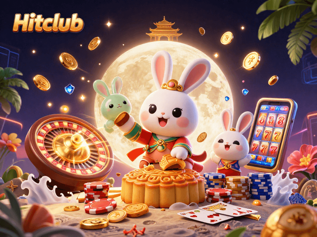 Hitclub offers an immersive scene of a whimsical moon rabbit engaging in casino action with poker chips.