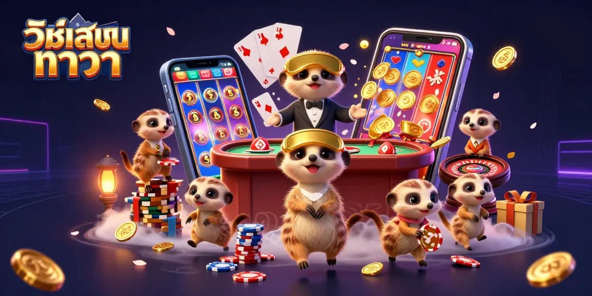 วิธีเล่นบาคาร่า demonstrates an energetic meerkat casino scene filled with games and colorful elements.