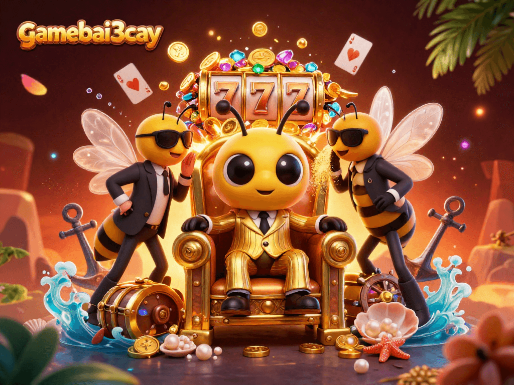 Join the excitement at gamebai3cay with vibrant casino-themed 3D illustration filled with vibrant characters and treasures.