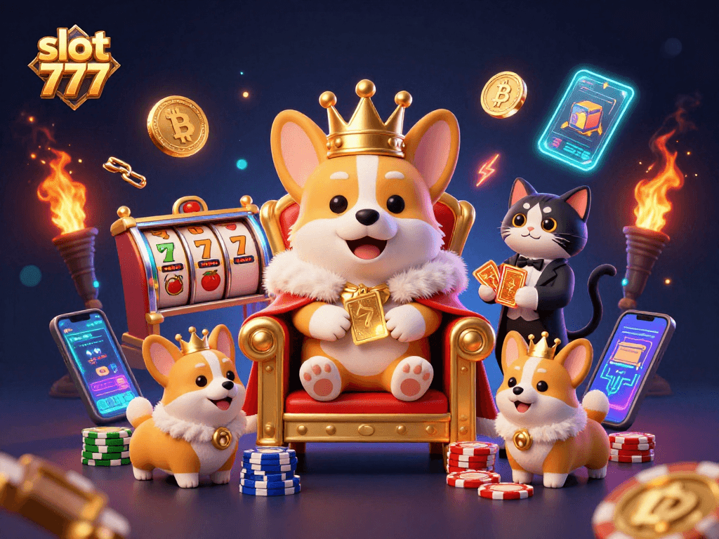 Experience the thrill of slot 777 with vibrant casino illustrations showcasing royal corgis and dynamic gaming elements.