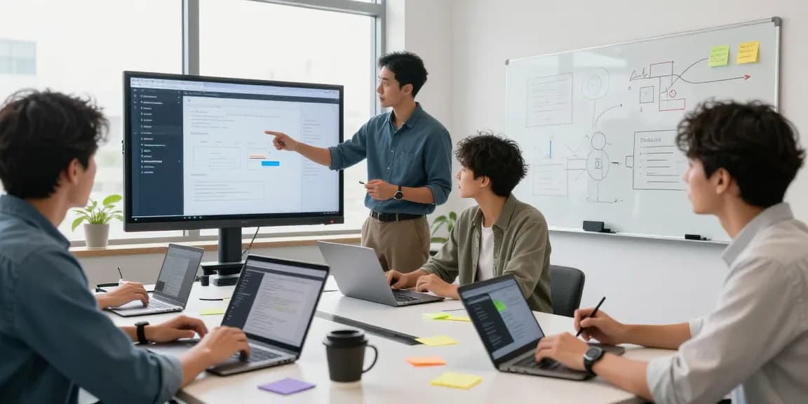 Build internal tools with AI in a vibrant tech workspace showcasing diverse professionals collaborating over innovative projects.