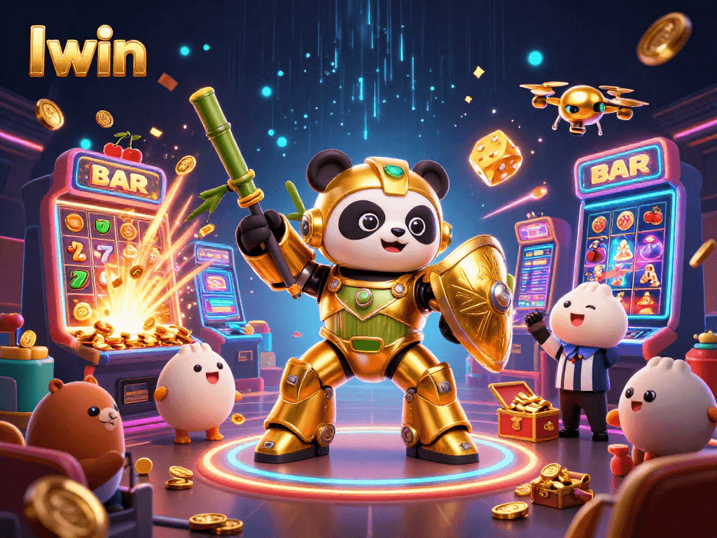 Iwin showcases vibrant 3D casino action with a mech-suit panda and jackpot spins in an energetic arena