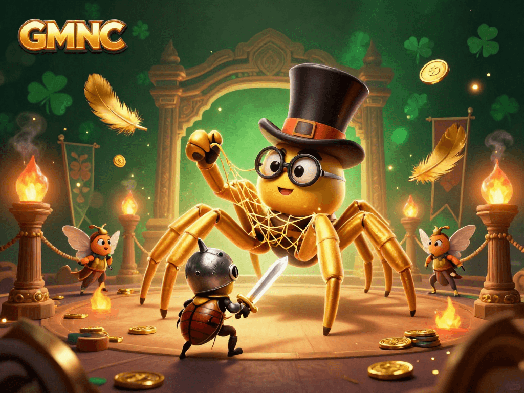 Experience thrilling gaming with GMNC as the golden tarantula weaves fortune in a vibrant casino.