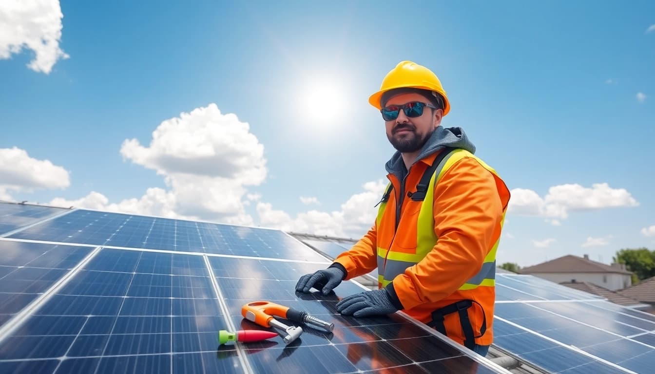 Efficient repair work by a solar repair company near me on a residential rooftop.