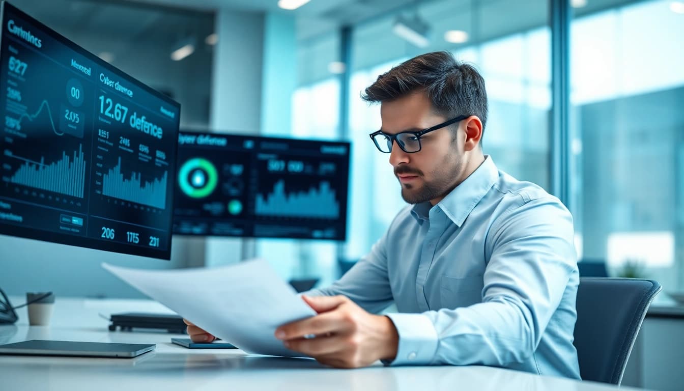 Cyber essentials assessor analyzing data at a modern office setup.