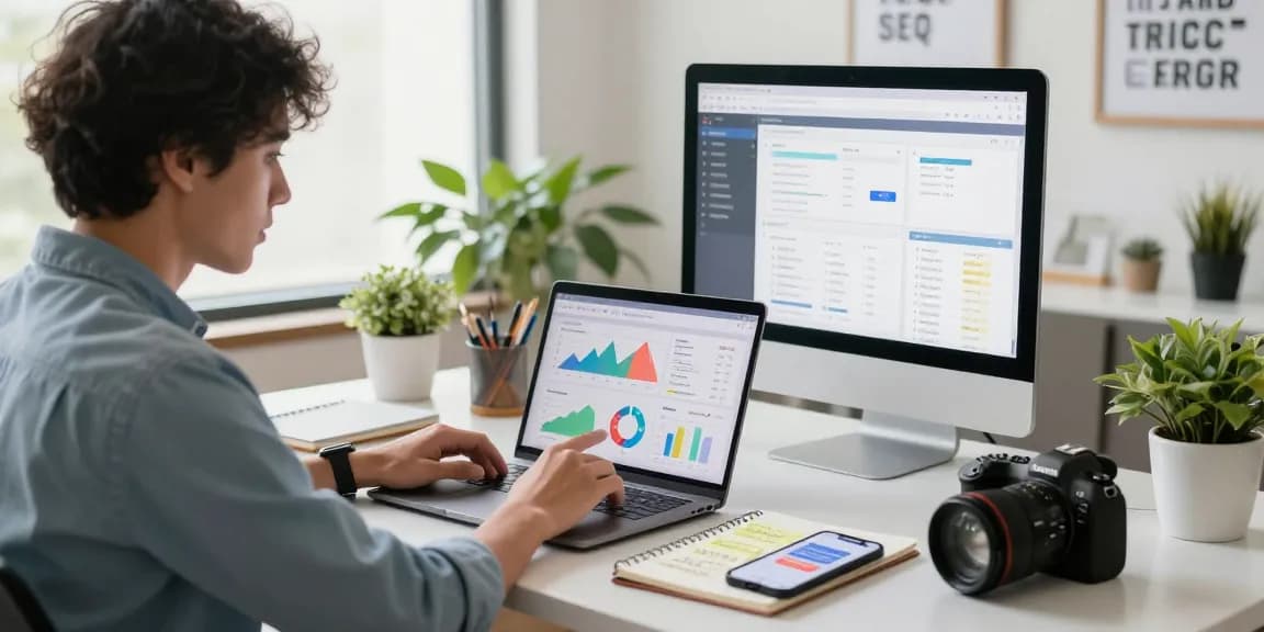 Digital marketing workspace showcasing campaign analysis on https://www.www456bd.com/ with graphs and inspiration in a modern office.