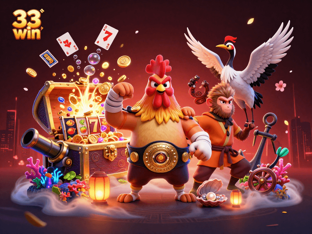 Win big at 33 win with 3D cartoon characters and vibrant slot elements in a dynamic casino scene.