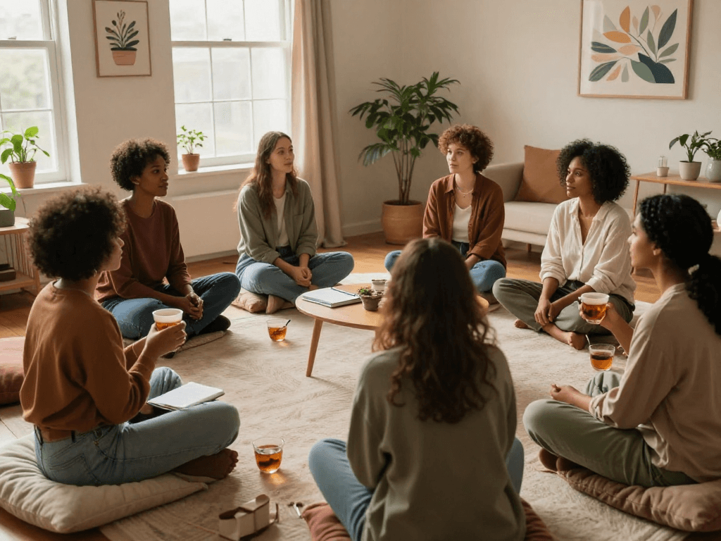 Group therapy participants discussing mental wellness with mantra88 in a cozy setting.