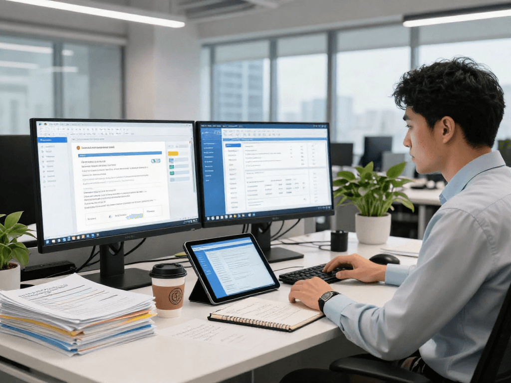 Advanced document fraud detection solution workspace with data analyst using modern verification software.