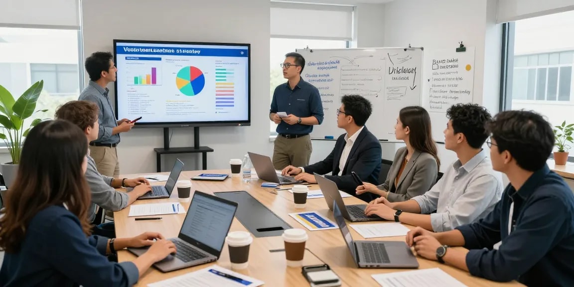 Strategic political campaign meeting showcasing analysis of voter data to suppress negative search results and improve outreach.
