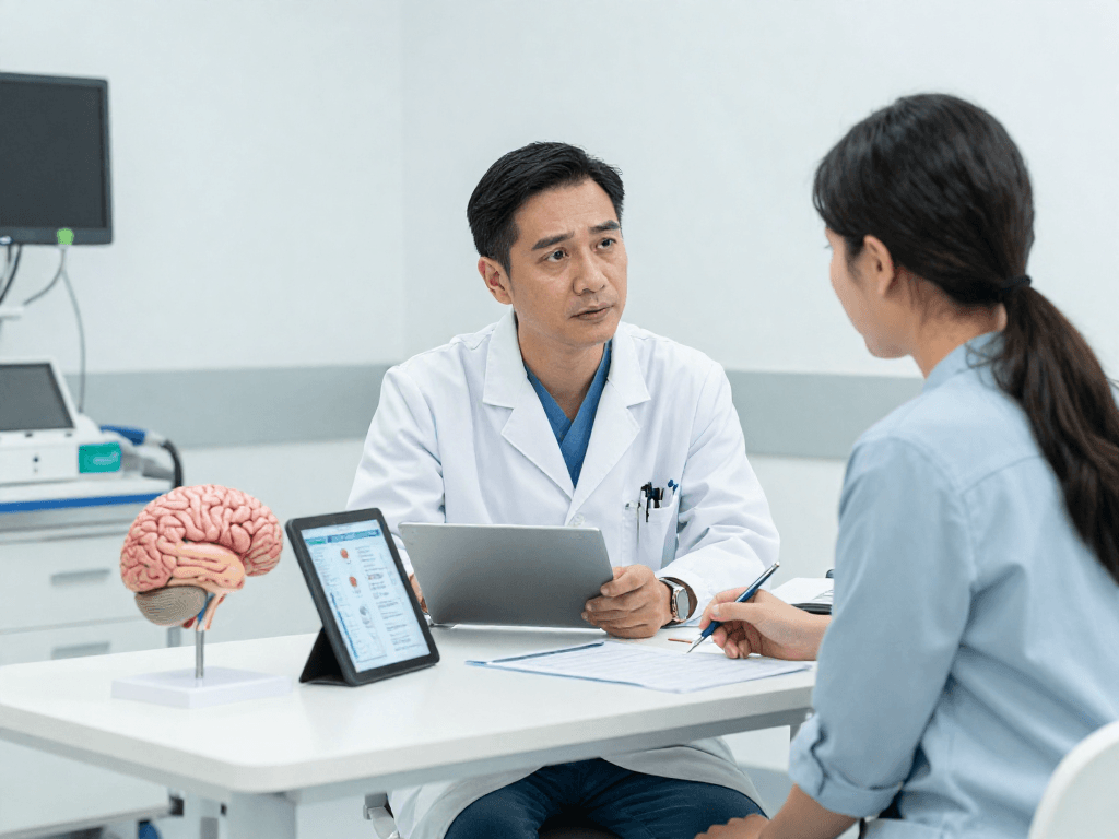 Patient discussing beyin tümörü ameliyatı options with a neurosurgeon in a modern hospital setting.