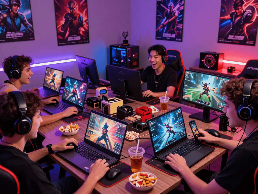 Interactive gaming scene showcasing diverse players enjoying porn game experiences on multiple devices in a vibrant lounge.