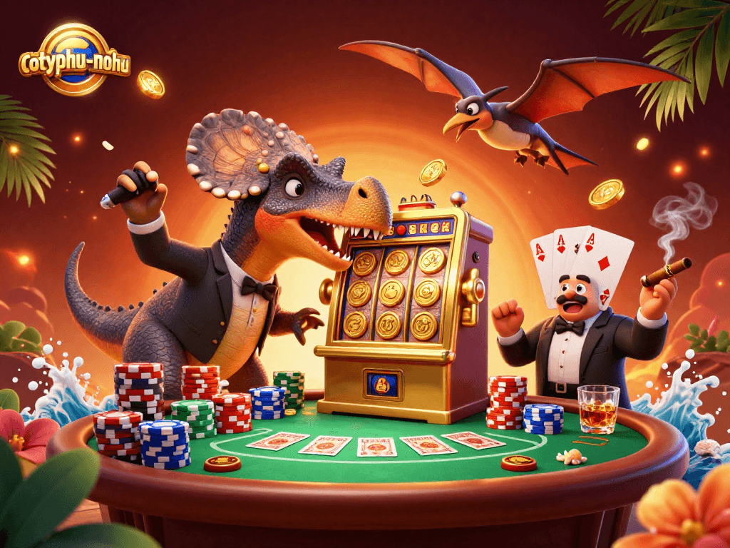 Cotyphu-nohu slot machine jackpot with animated dinosaur characters in a vibrant casino scene.