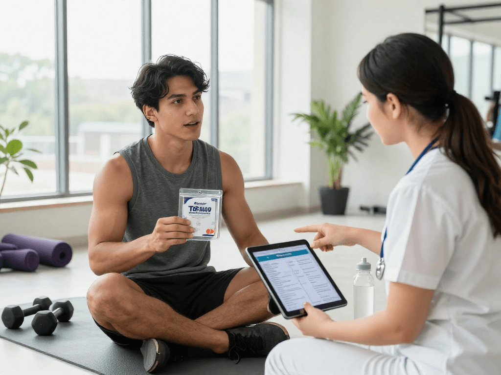 Discussion on TB 500 benefits with a nutritionist in a modern gym environment.