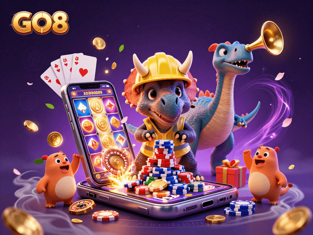 Cheerful GO8 characters celebrate gaming wins with vibrant casino-themed elements.