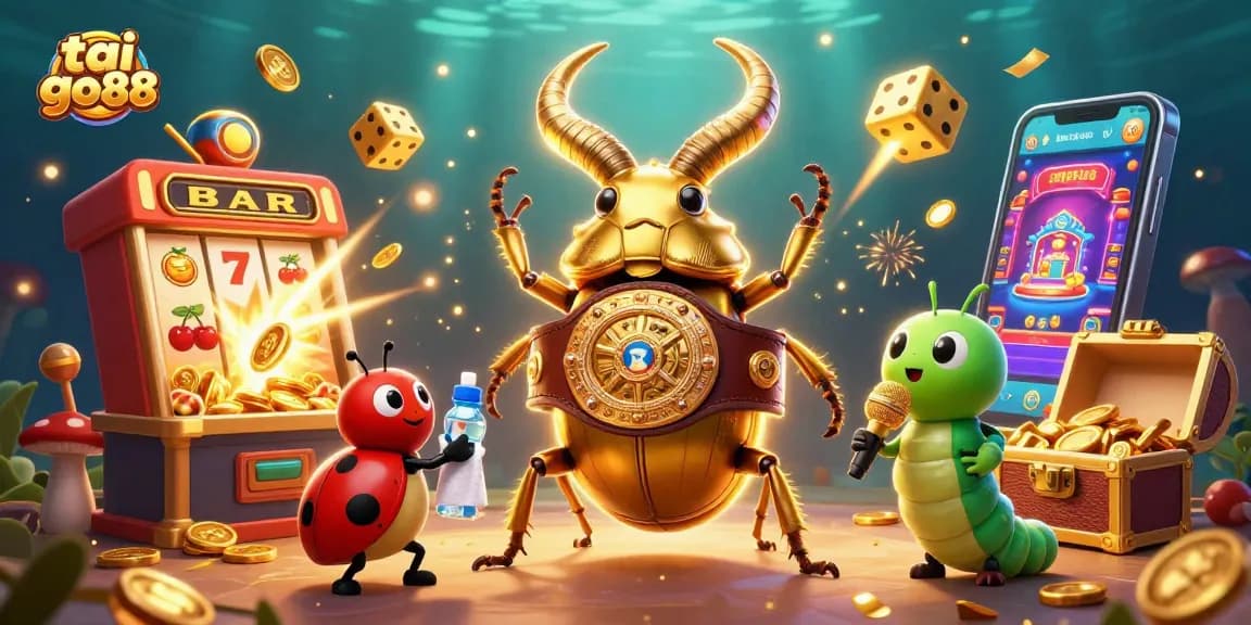 Experience the excitement of tai go88 with a vibrant casino-themed illustration featuring a golden stag beetle!