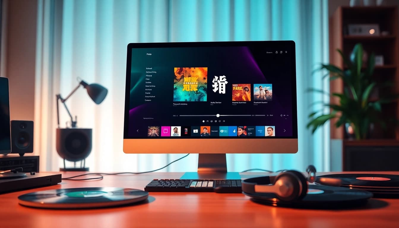 展示汽水音乐电脑版的电脑界面,现代科技感和音乐元素结合。