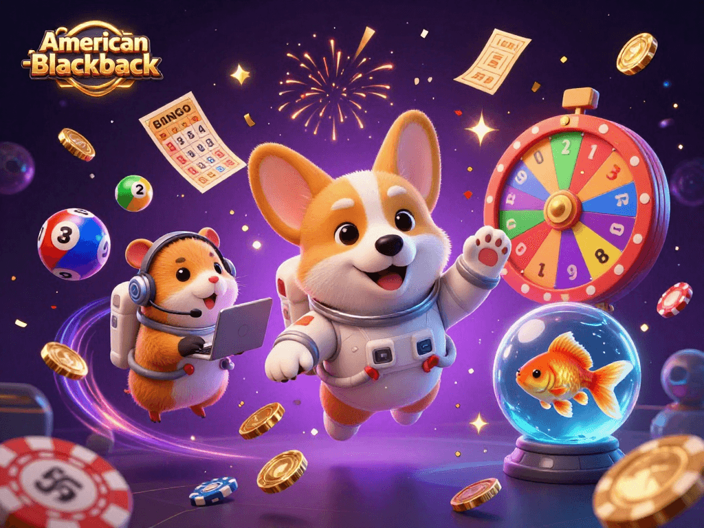 Witness the excitement of american-blackjack in this lively 3D casino scene with playful characters and dynamic elements.