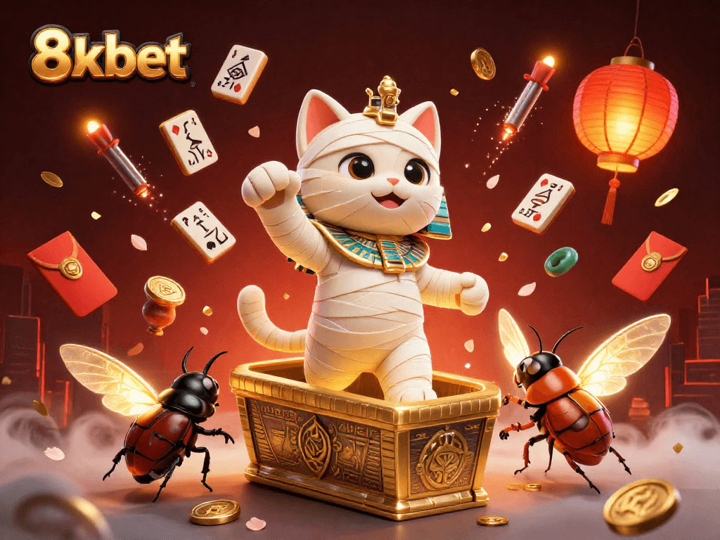 Experience the thrill of 8xbet with a mummy cat and a scarab beetle in a vibrant casino