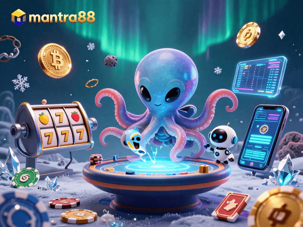 Experience thrilling games at mantra88 with an alien octopus operating a holographic poker table amidst vibrant casino elements.