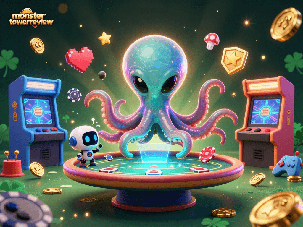 Engage with the vibrant world of monstertowerreview featuring a dynamic alien octopus at a floating poker table.