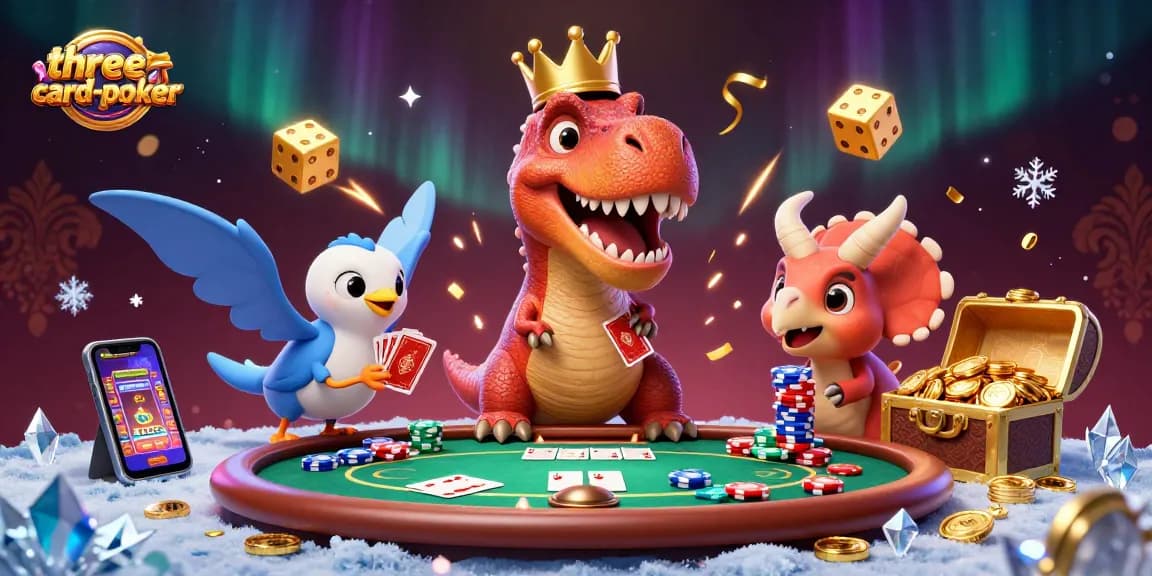 Engage in three-card-poker action as a T-Rex shuffles cards with vibrant casino elements.
