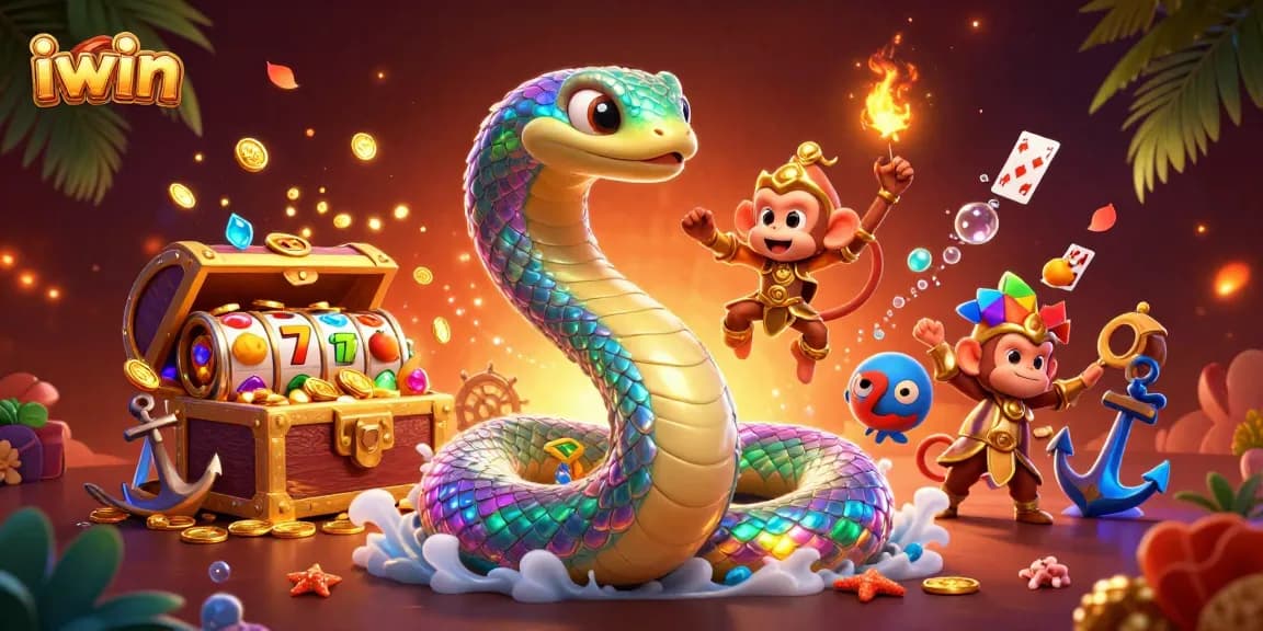 Experience the excitement of iwin slots with a colorful 3D scene featuring a rainbow serpent and golden treasures.