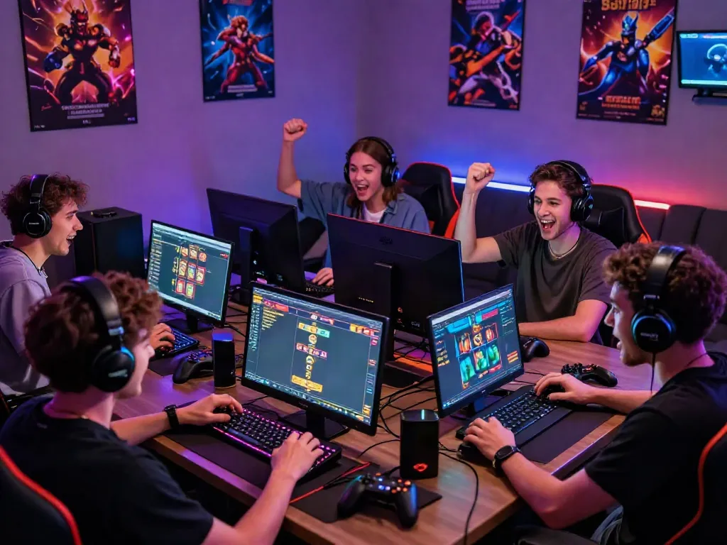 Friends enjoying the excitement of สล็อตเว็บตรง games together in a vibrant gaming lounge.
