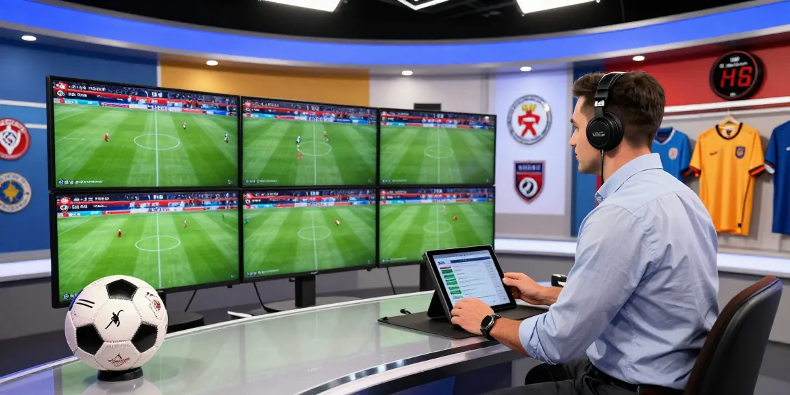 Engaging kora live sports studio with analyst reviewing match schedules and highlights in a dynamic environment.