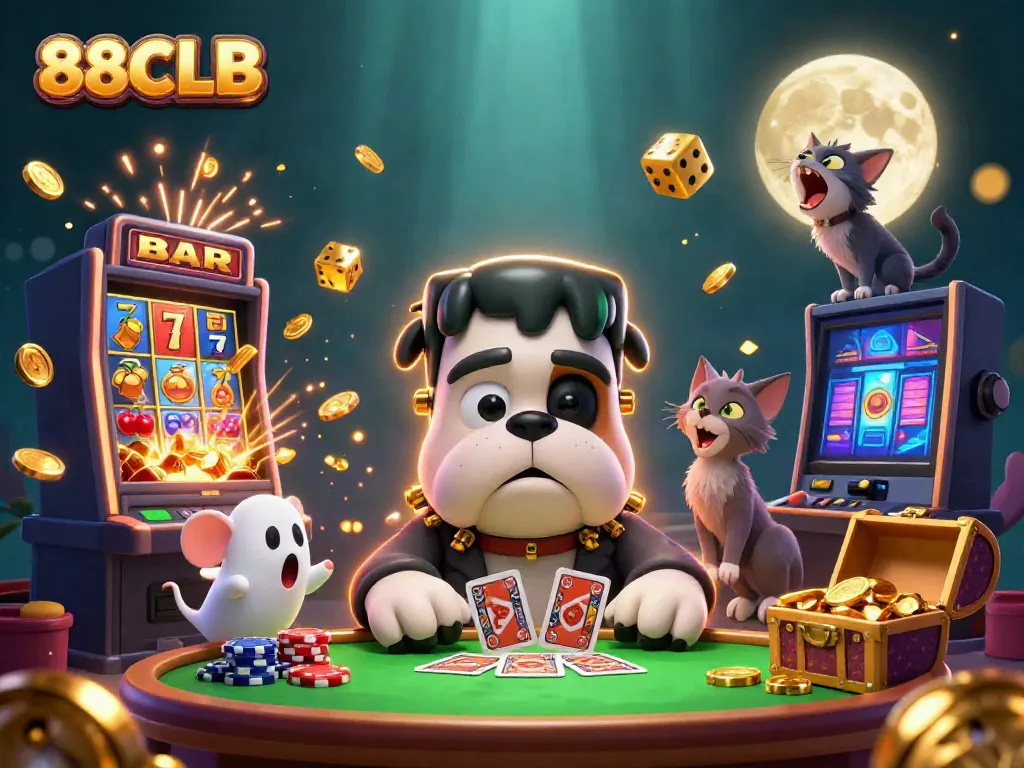 88CLB showcases a fun casino scene with a quirky bulldog dealer and vibrant game elements.