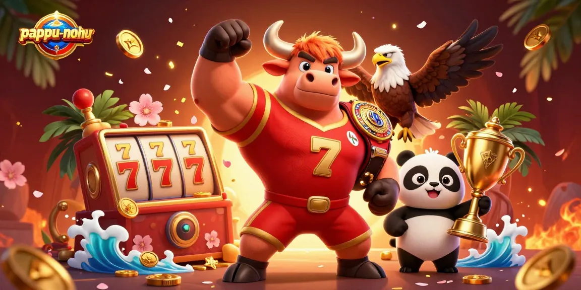 Pappu-nohu presents an exciting scene with a cartoon bull mascot and an eagle, surrounded by dynamic gambling elements like slot reels and gold coins.