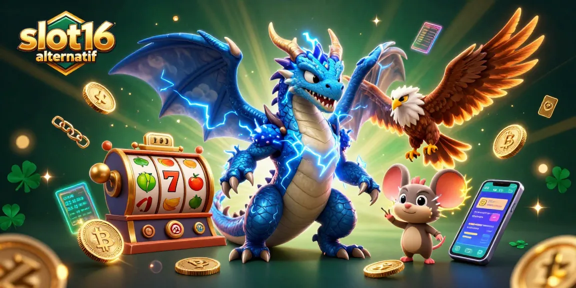 Activate your winning potential with slot16 alternatif surrounded by dynamic slot reels, powerful gaming characters, and crypto elements.