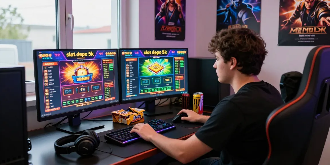 Engaged gamer playing slot depo 5k game in a vibrant eSports setup with dynamic graphics.