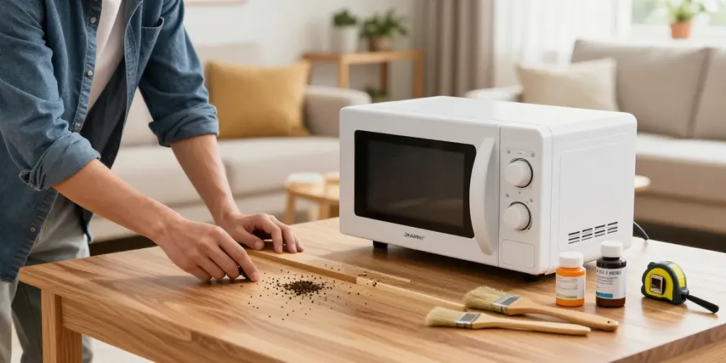 SHASHEL® microwave device eliminating wood-boring insects in a cozy home setting.