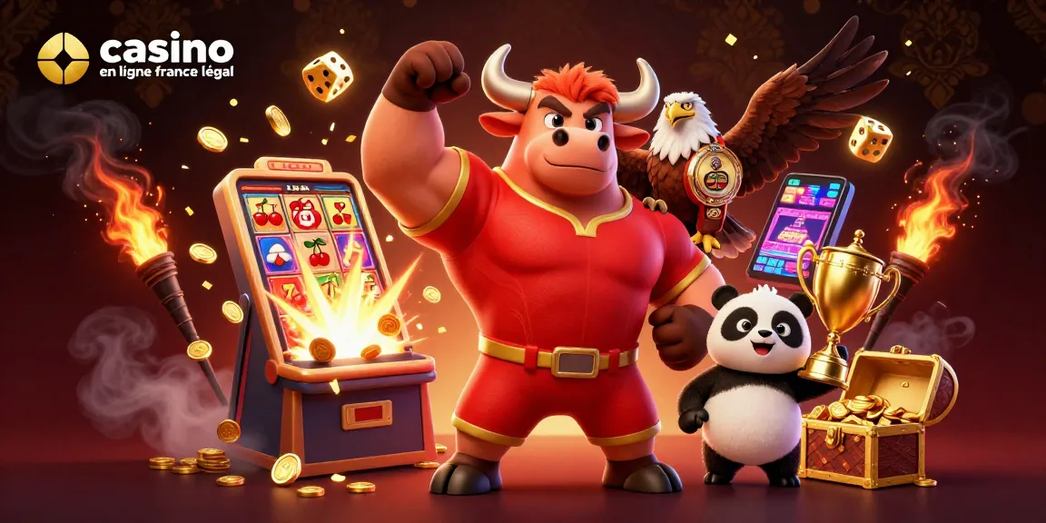 Vivez l'expérience d'un casino en ligne France légal avec cette illustration dynamique, mettant en avant des personnages emblématiques et de nombreux éléments de jeu.