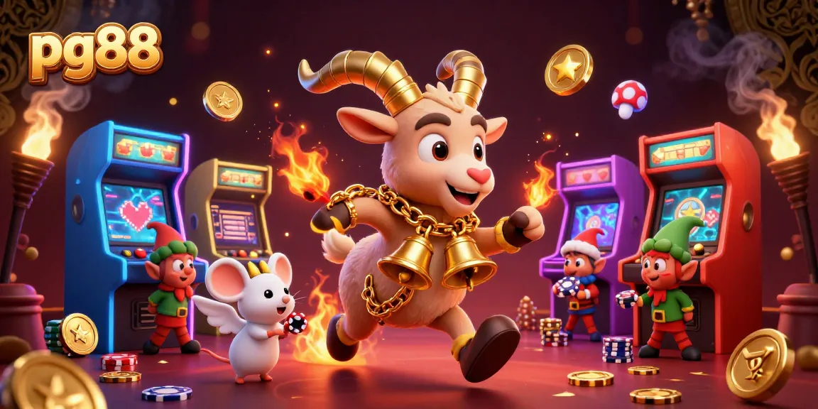 Join the thrilling action at pg88's casino with festive characters stealing chips and vibrant arcade games!
