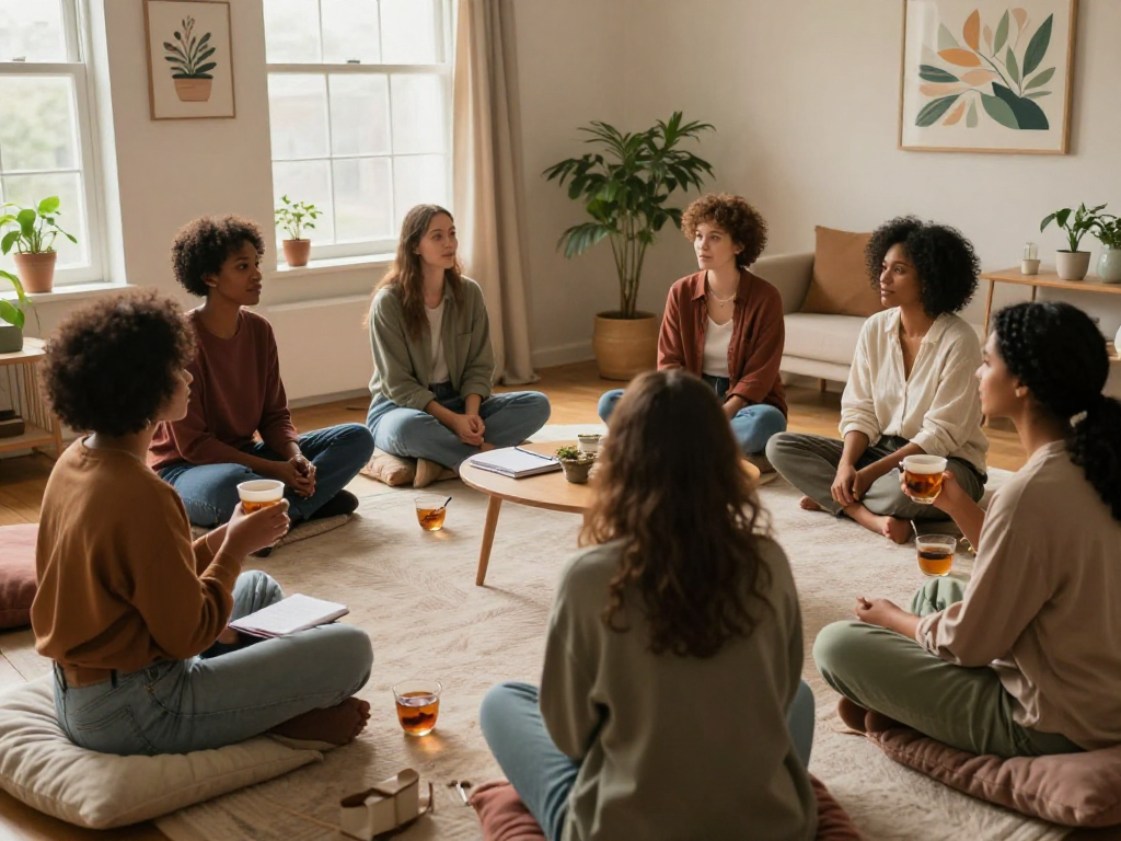 Group therapy participants discussing mental wellness with mantra88 in a cozy setting.