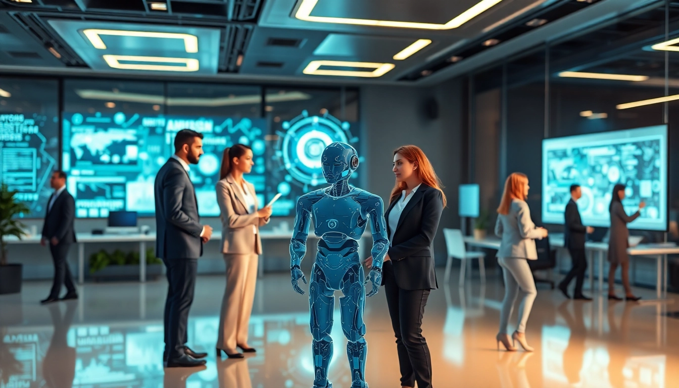 Demonstration of AI agents collaborating with humans in a modern workspace.