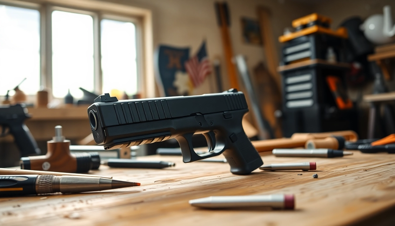 Showcasing a glock 19 gen 3 slide on a workbench highlighting its precision and details.