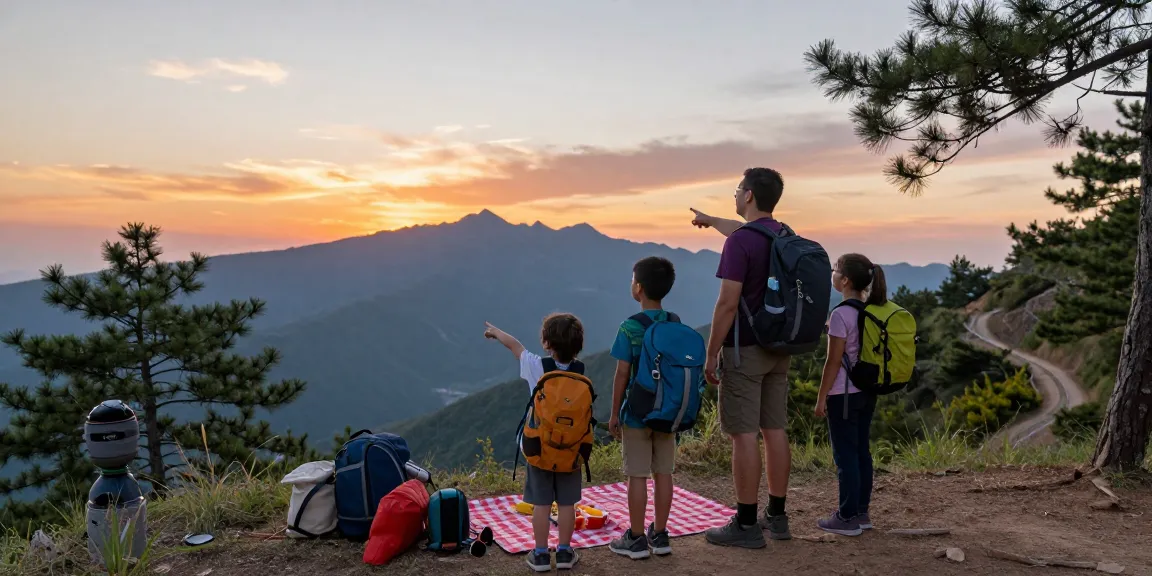 A family adventure at a mountain viewpoint enjoying mantra88's outdoor activities and scenic views during sunset.
