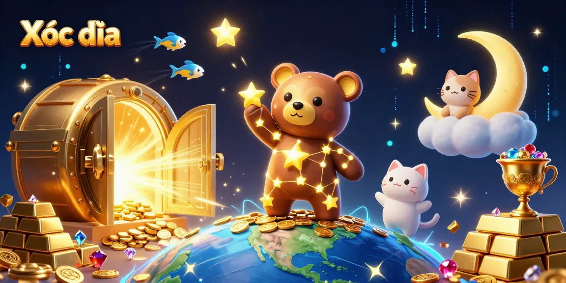 Xóc đĩa game features dazzling golden coins, captivating bear character, and vibrant treasures