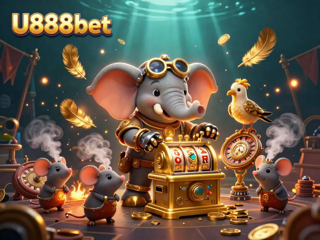 Experience the action at U888bet with a steampunk elephant and games in a vibrant casino scene.