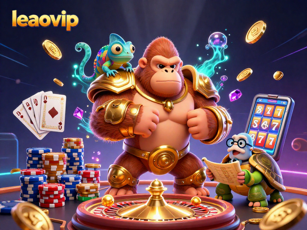Experience the vibrant leaovip platform with a powerful gorilla king and magical elements in a dynamic casino scene.