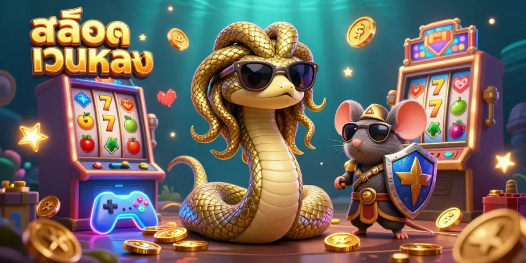 Engage with the vibrant สล็อตเว็บตรง scene featuring cartoon Medusa, a warrior mouse, and dynamic slot machines.